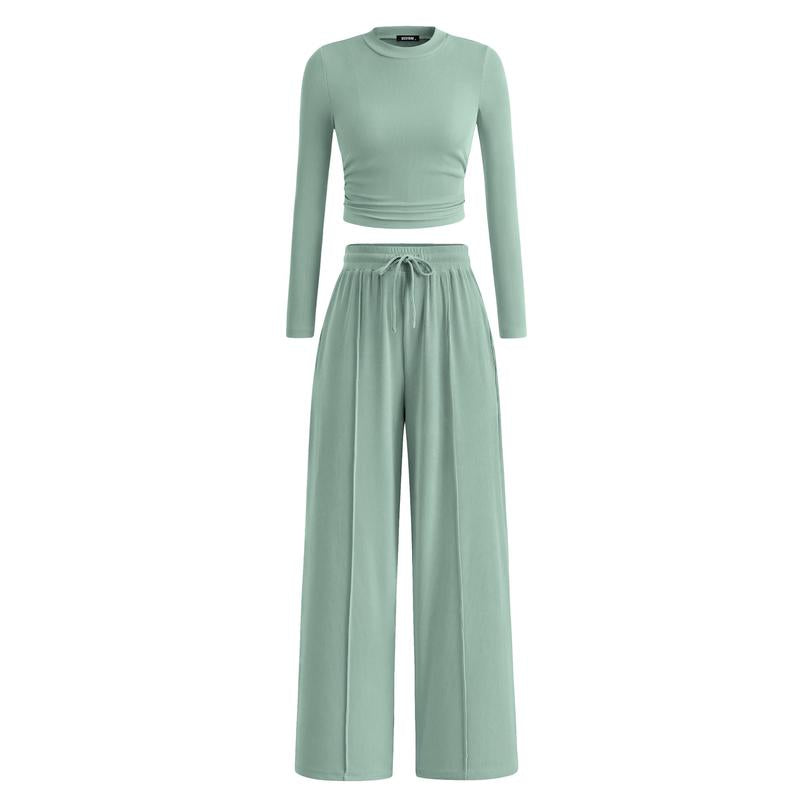 MIRELA™ - Ribbed Knit Long Sleeve Crop Top and Matching Pants Set